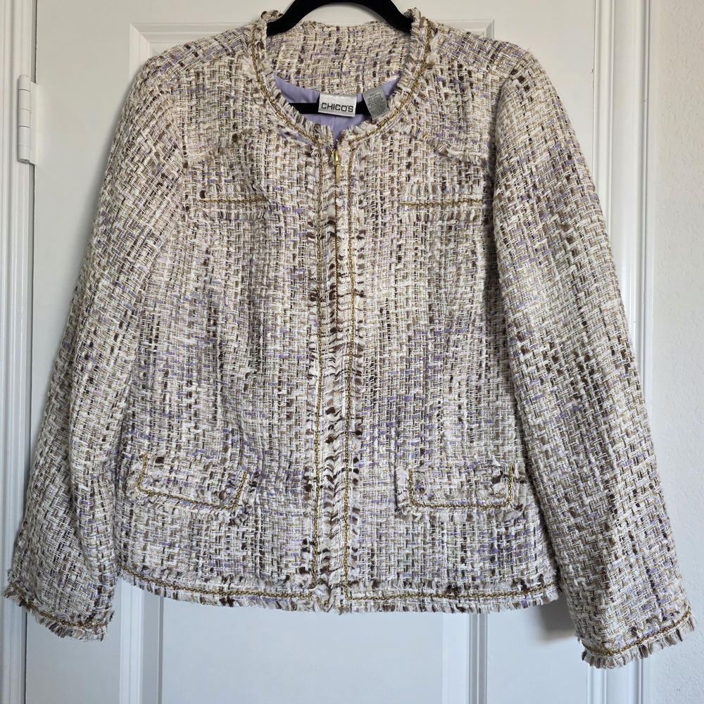 Chico’s Tweed Jacket Gold Chain Trim Zip Front - Size 1 (Womens 8-10)